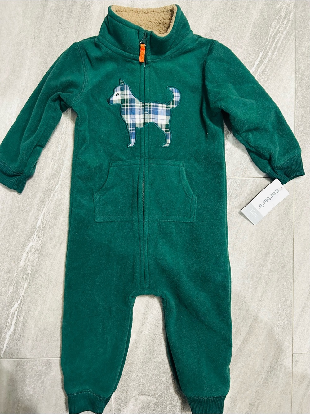 Carter's Green Fleece Footed One-Piece with Plaid Dog Applique